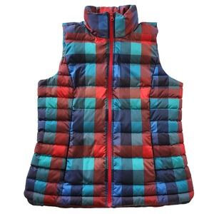 Lands End Womens Plaid Down Puffer Vest Blue Red Check Zip Up Size M 10-12 Tall